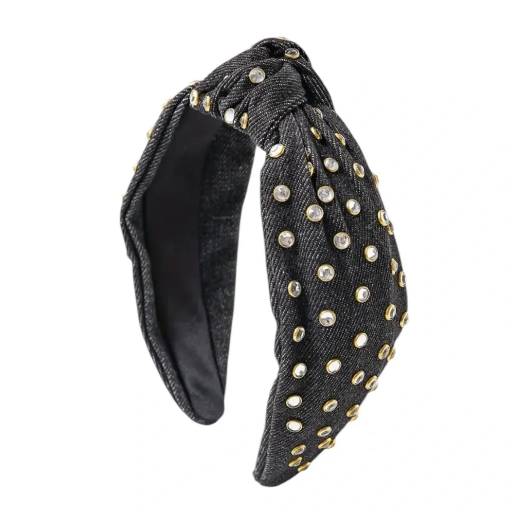 Black Denim Rhinestone Studded Headband